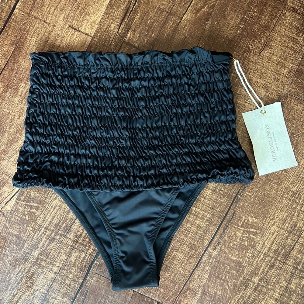 NEW Verdelimon black ruched high waisted bikini bottom swimsuit bathing suit S